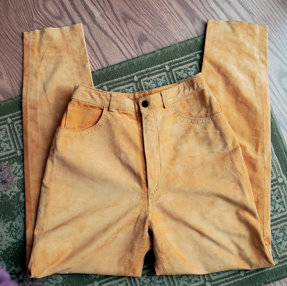 Vintage 1970s 70s 1980s 80s high waisted gold orange tan suede leather mom jeans